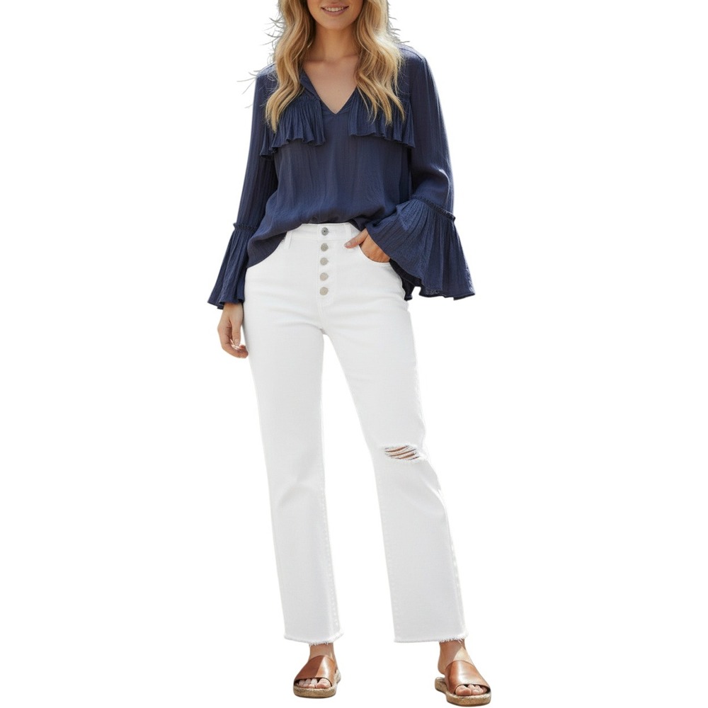 Calvin Rucker Ruffled Bell‎ Sleeve Blouse Navy Blue Womens L